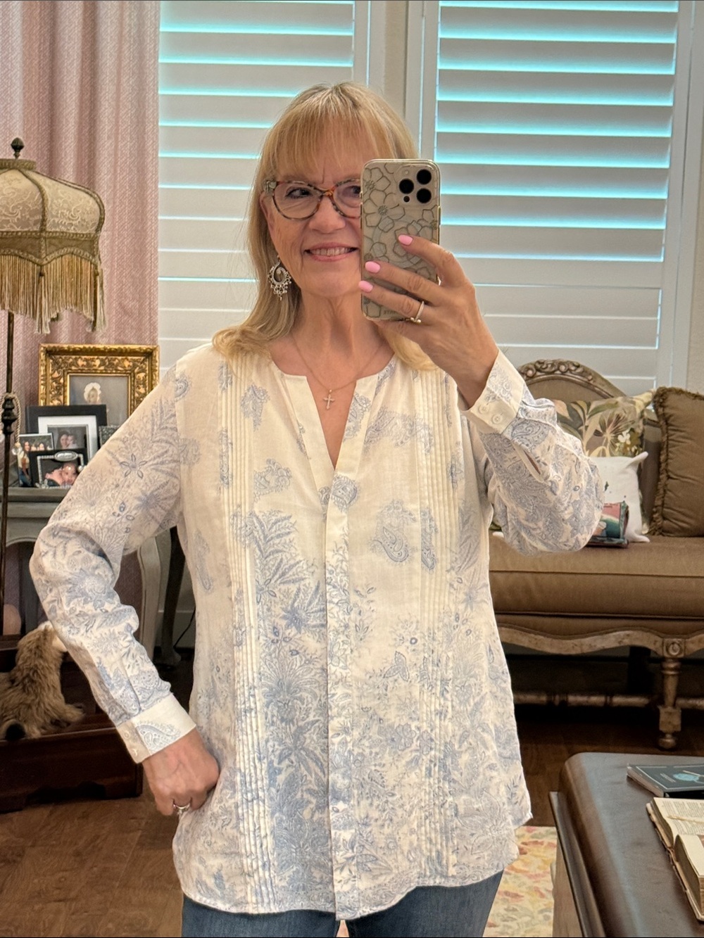 Soft Surroundings Linen Top with Blue Floral Design